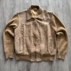 Vintage 70's Astor One Suede Leather Cable Knit Bomber Jacket Mens Large Tan